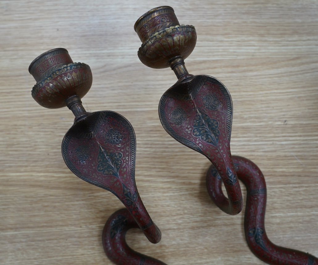 A pair of Indian Benares enamelled brass cobra wall sconces, 79cm high. Condition - lower end of tail on one chipped